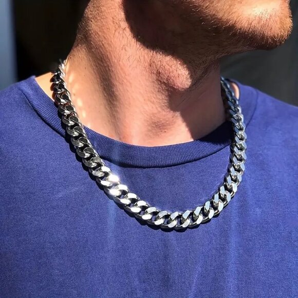 Men's Chunky Necklace Silver Punk Goth Emo Stainless Steel Cuban Chain Unisex - Picture 1 of 3